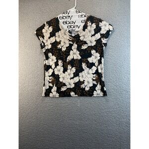 Claudia Richard Stretch Top Black Floral Print, V Neck,‎ XL